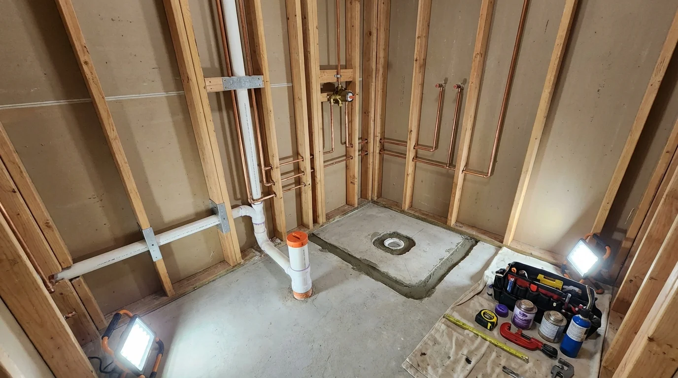 Bathroom rough-in plumbing during remodel by Johns Plumbing LLC in Miller Place