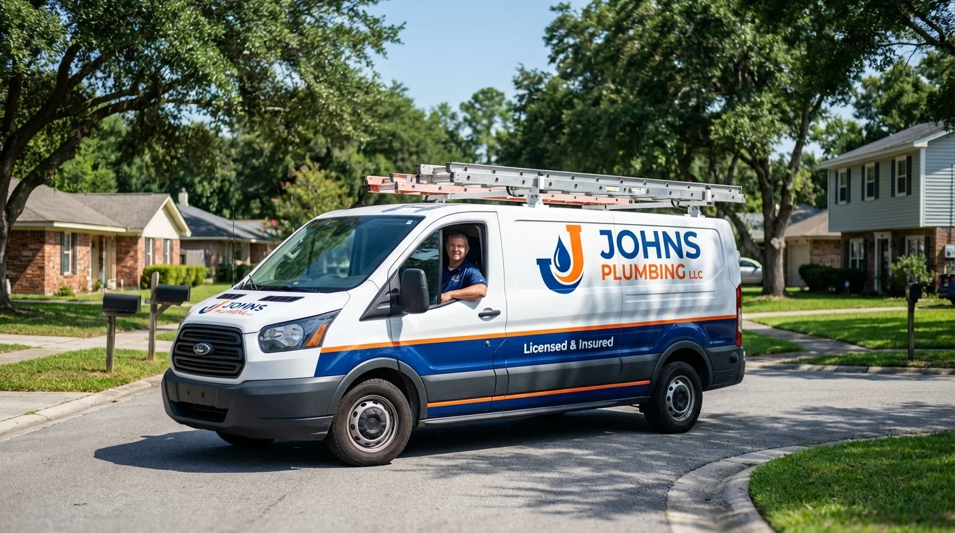 Johns Plumbing LLC service van in Miller Place, NY