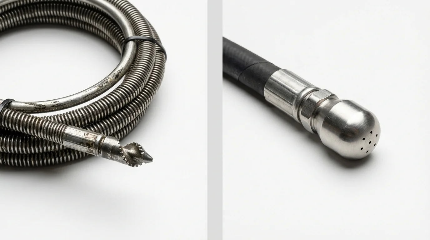 Drain snake cable and hydro jetting nozzle used for drain cleaning in Miller Place, NY
