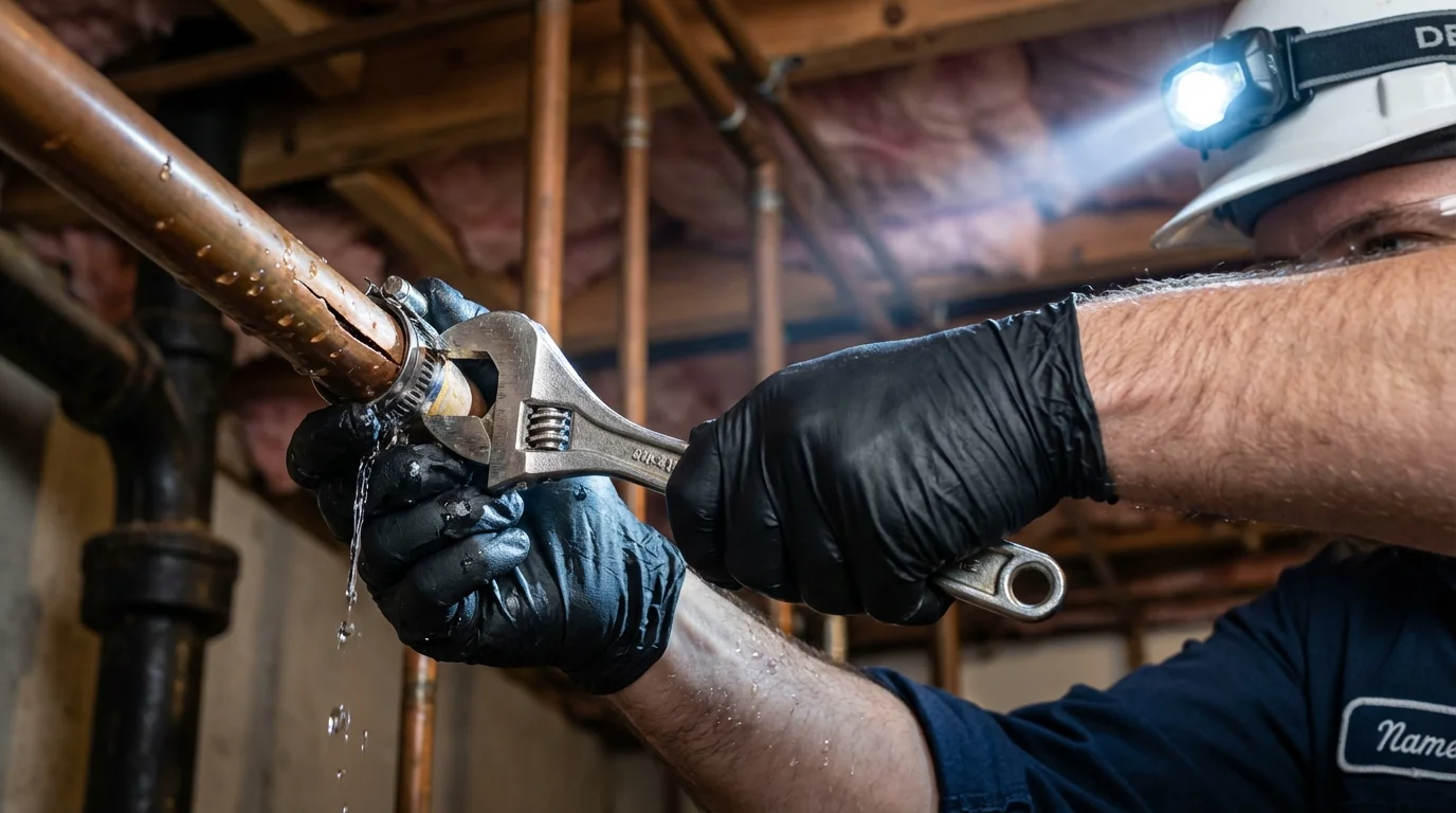 Emergency pipe clamp repair being performed by a Johns Plumbing LLC plumber in Miller Place