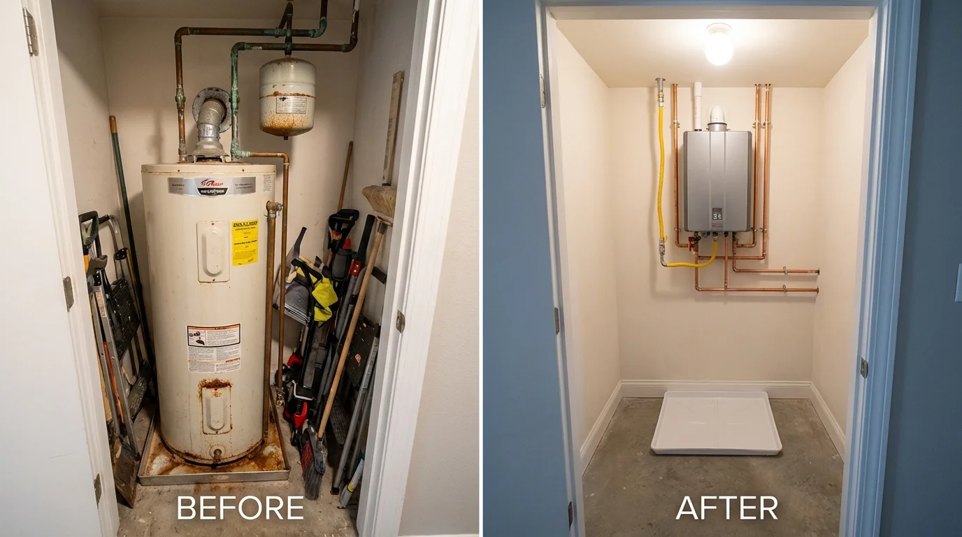 Tank water heater versus wall-mounted tankless unit comparison for Miller Place, NY homeowners