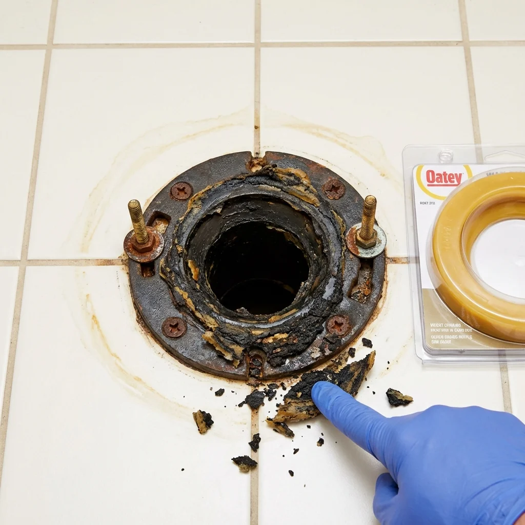 Failed wax ring showing water seepage at the base of a toilet in a Miller Place, NY home