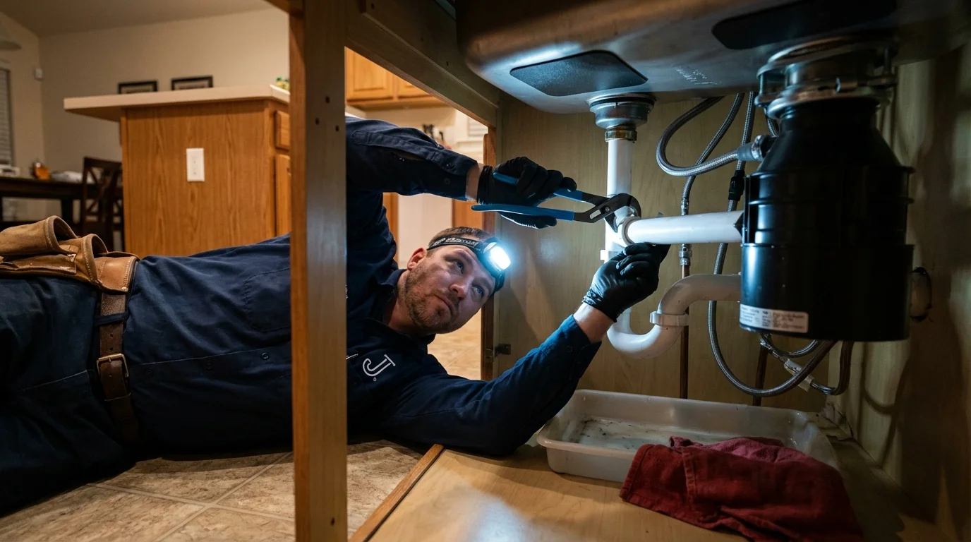 P-trap and supply line connections under a kitchen sink showing a common leak point in Miller Place, NY